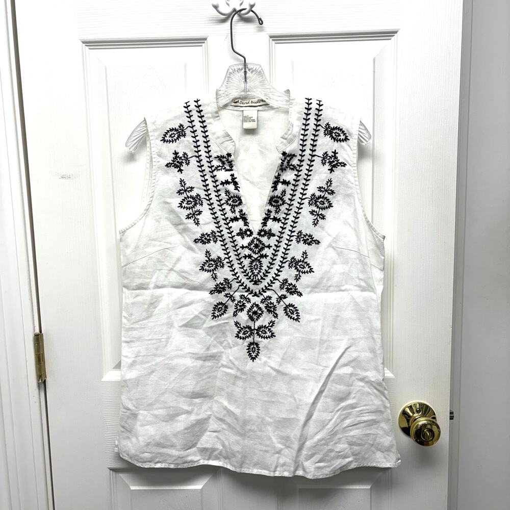 David Brooks Blouse White Linen Embroidery Sleeveless Shirt Open Neck Size L